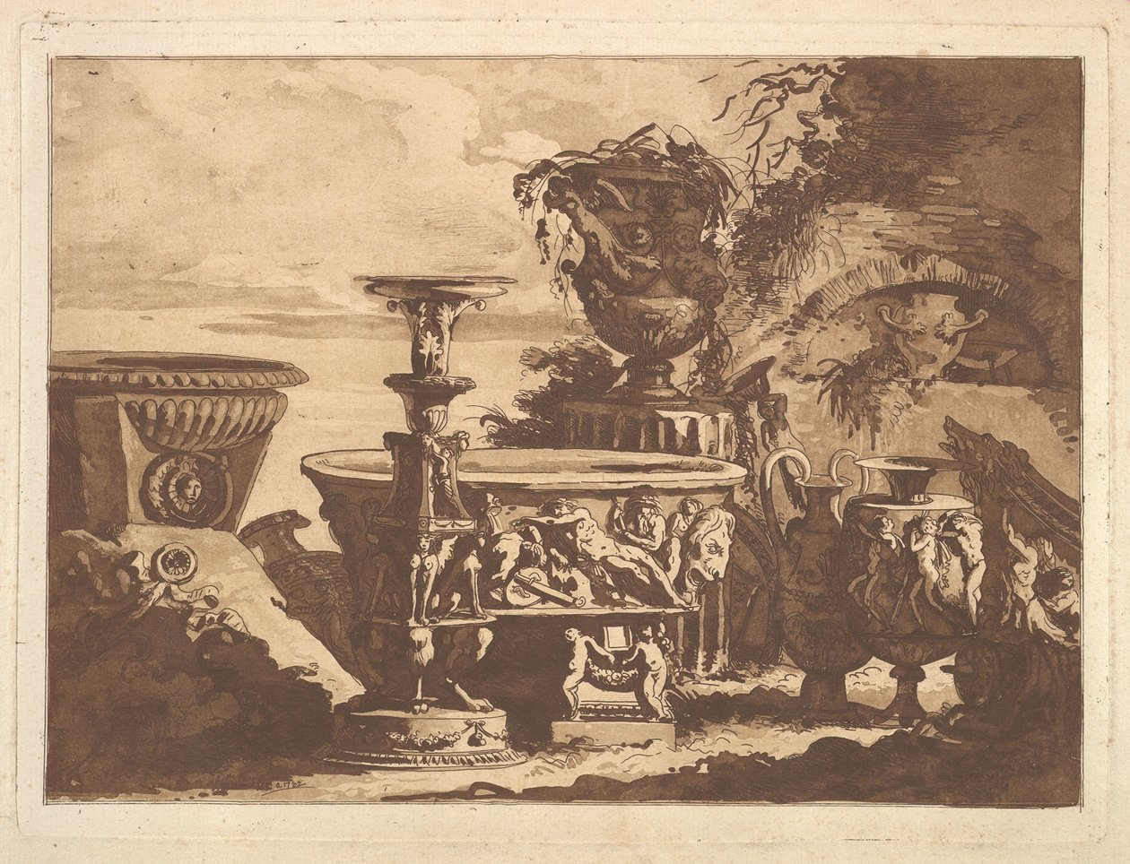 Kompozíció a Medici-vázával, a Recueil de Compositions par Lagrenée Le Jeune Coll...-ból, 1782. alkotó: Jean Jacques Lagrenee