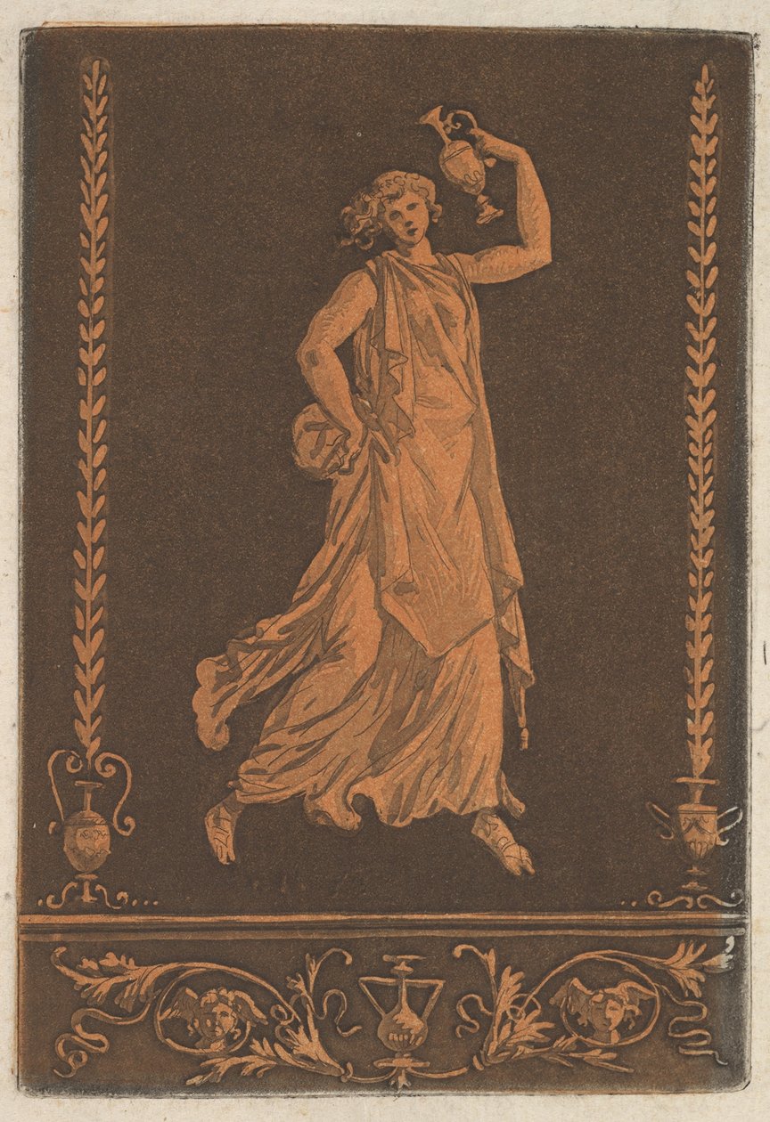 Fiatal drapériás nő, balról jobbra sétál, kezében egy Fiatal drapériás... fémváza, kb. 1784. alkotó: Jean Jacques Lagrenee
