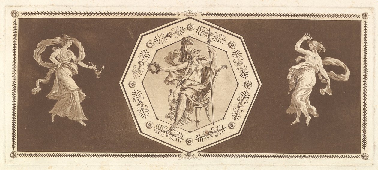Minerva dekoratív nyolcszögben ülő, balra és jobbra az Éjszaka... figurával, 1784. alkotó: Jean Jacques Lagrenee