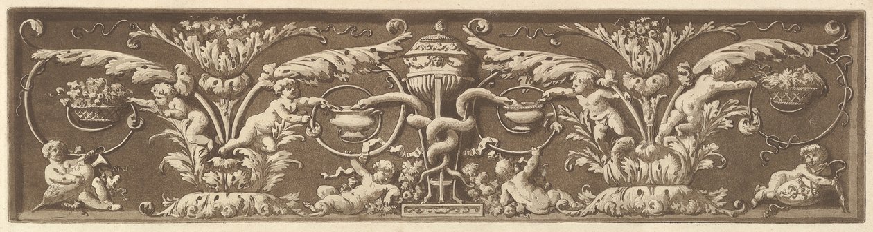 Díszfríz puttival és összefonódó kígyókkal, Recueil de Différentes Compositi..., 1784-ből. alkotó: Jean Jacques Lagrenee