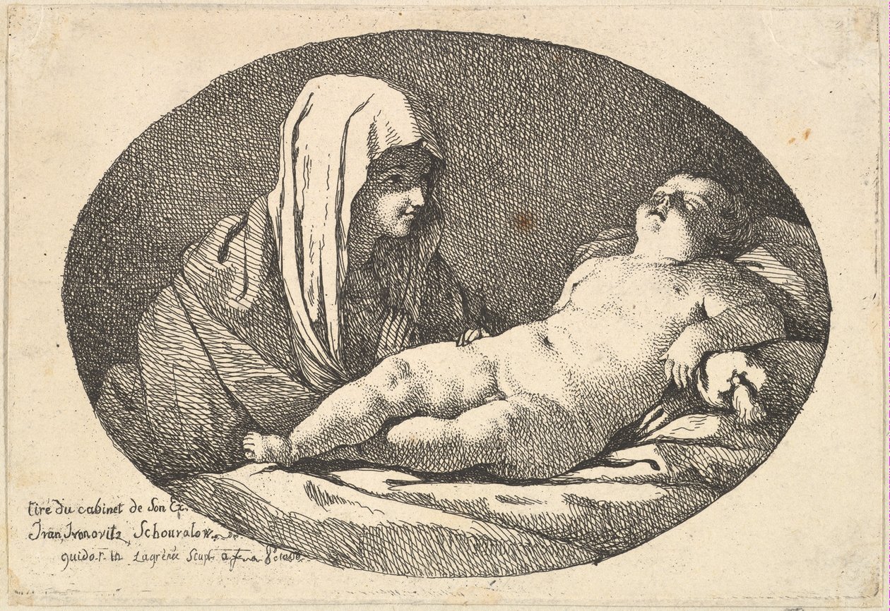 A bal oldalon lévő Szűz alvó csecsemő Krisztust nézi, ovális kompozíció, ... után, 1760-63. alkotó: Jean Jacques Lagrenee