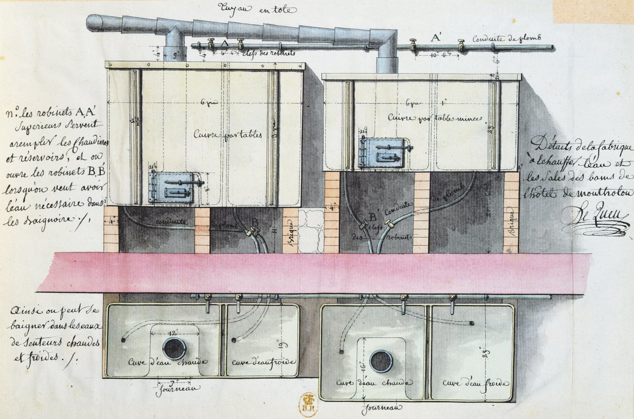 Vízmelegítő rendszer tervezése a párizsi Hotel de Montholonban, 1787 körül (wc papíron) alkotó: Jean Jacques Lequeu