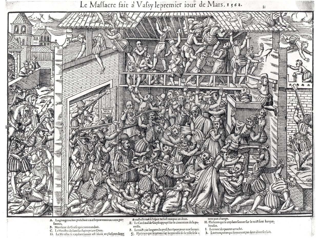 A protestáns lakosság lemészárlása a Duc de Guise csapatai által Wassy-sur-Blaise-ban, 1562. március 1., metszet: Jacques Tortorel (1568-92) alkotó: Jean Jacques Perrissin