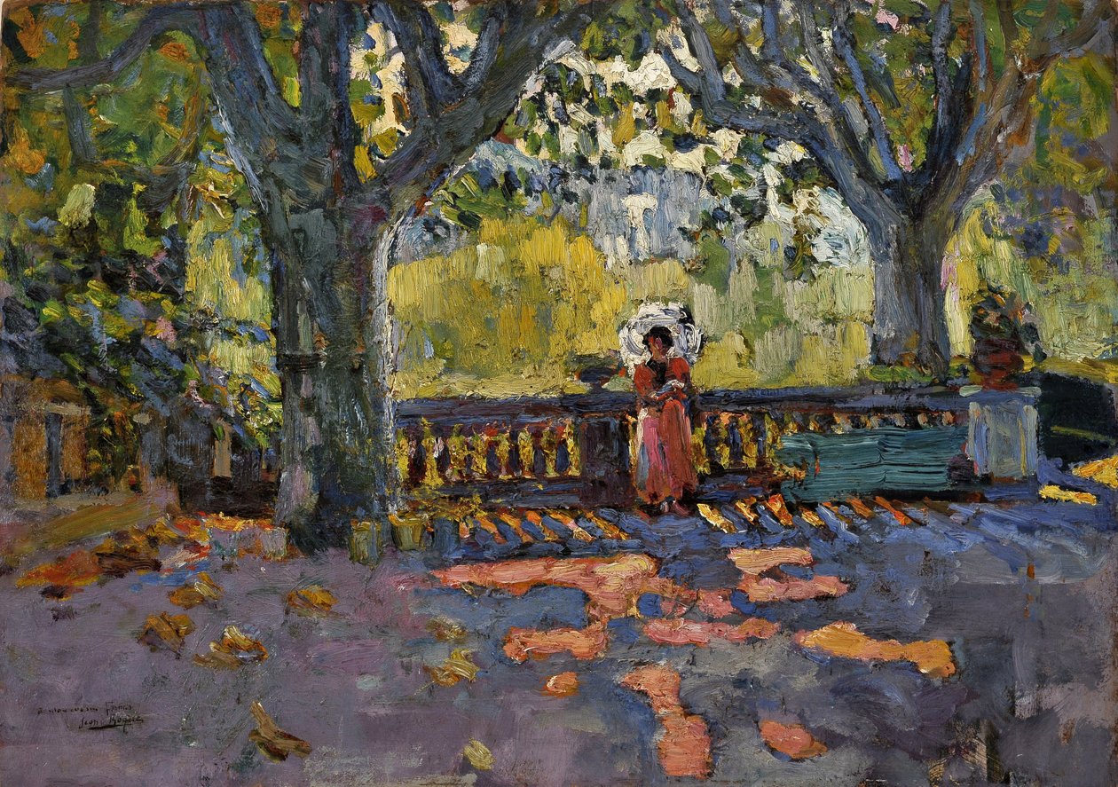 Fiatal nő az esernyőt az árnyékos teraszon. Jean-Jacques Roque festménye (Jean Jacques Roque alkotó: Jean Jacques Roque