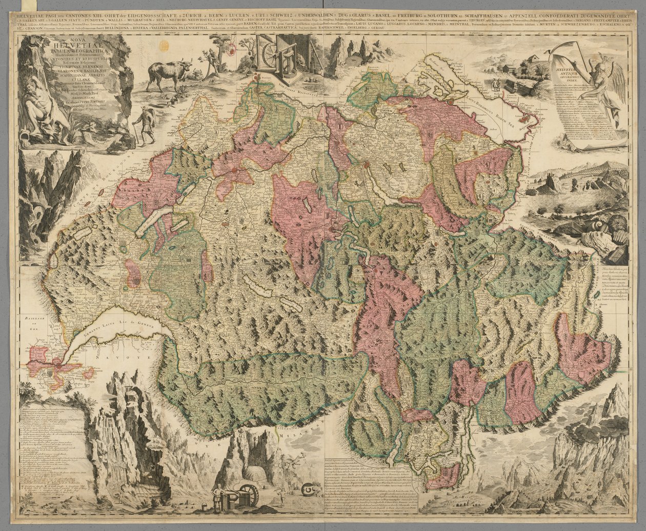 Svájc új térképe a leghíresebb és legerősebb kantonokkal, valamint a Tigurina, Bern, Glarus, Basel, Scafusiana, Cellana apát református vallásának közügyeivel, 1712 körül (kézzel színes nyomtatás) alkotó: Jean Jacques Scheuchzer