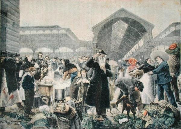 Levesstand a Les Halles piacon reggel, illusztráció a Le Petit Journalból, 1897. március 2., metszett Fortune-Louis Meaulle (1844-1901) alkotó: Jean Jacques after Rousseau