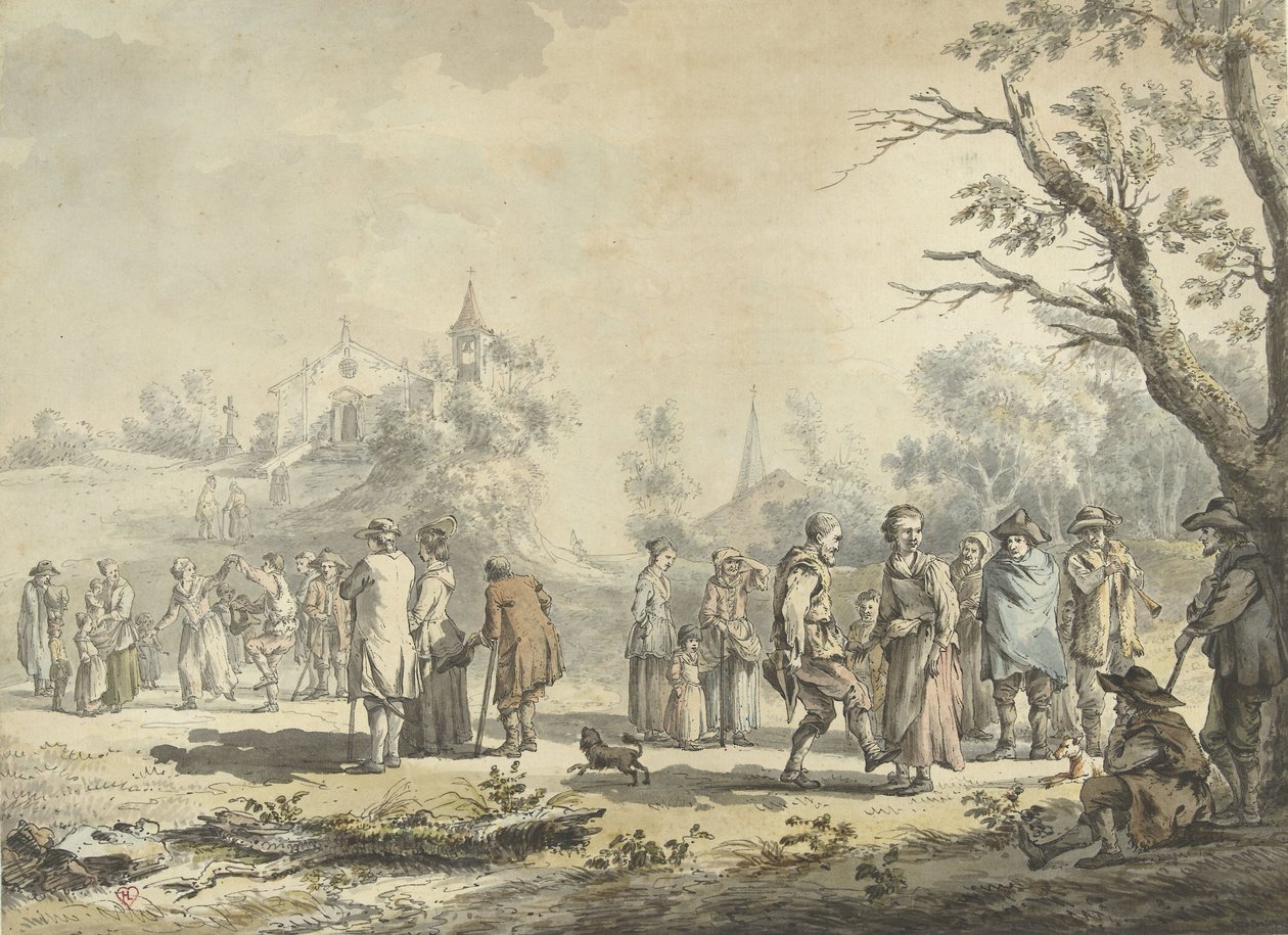 Táncoló parasztok és nézők egy faluban La Fete du village (cím a tárgyon) alkotó: Jean Jacques de Boissieu
