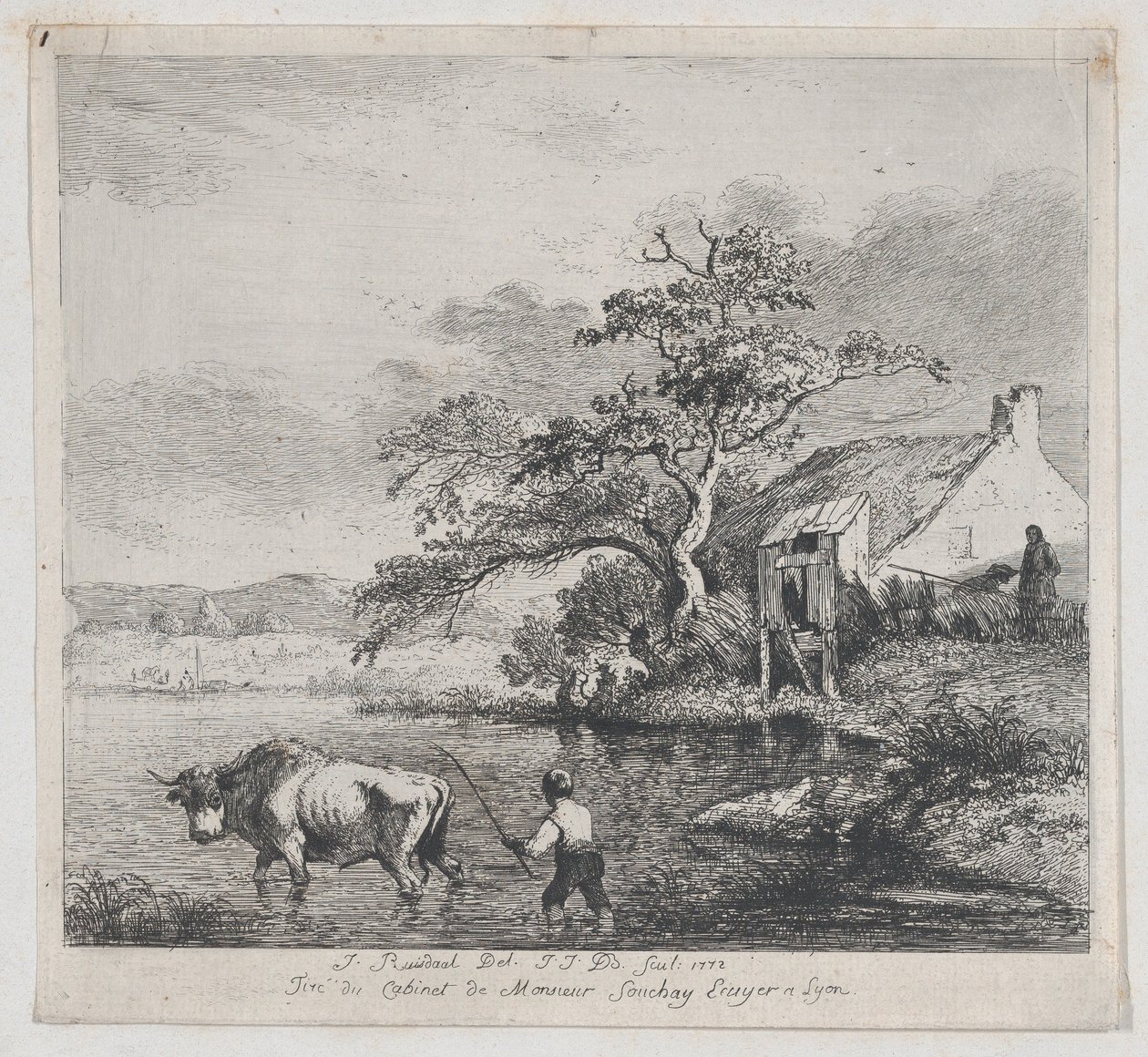 Pásztor és bika, Ruisdael nyomán, 1772. alkotó: Jean Jacques de Boissieu