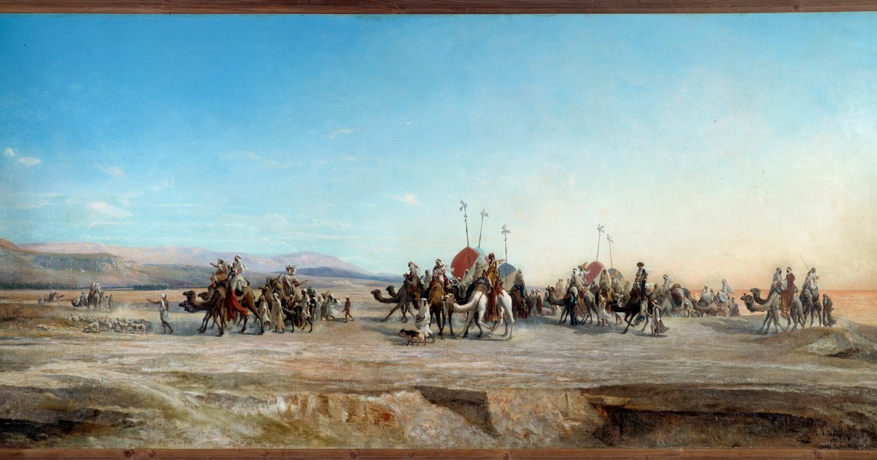 Nomádok és tevék kempingező karavánjait keresem a sivatagban. Jean Joseph Bellel (1816-1898) festménye 19. századi Montpellier, Musee Fabre - Tábort keresünk. Nomád karavánok és tevék a sivatagban. Jean Joseph Bellel (1816-1898) festménye alkotó: Jean Joseph Bellel