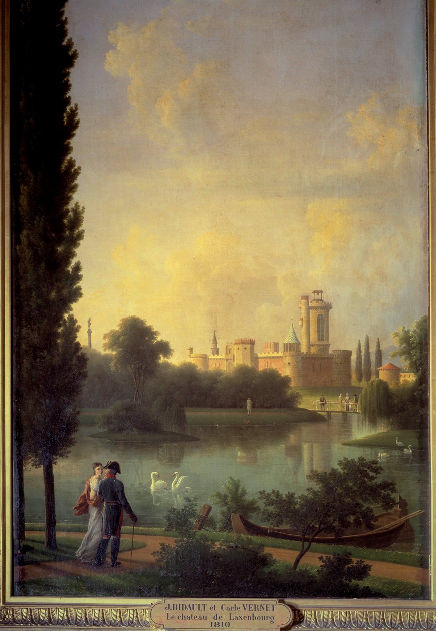 Laxemburg (Ausztria) vára, előtérben Ausztria császára és Marie Louise főispánnő. Joseph Bidault festménye (1758-1846) alkotó: Jean Joseph Bidault