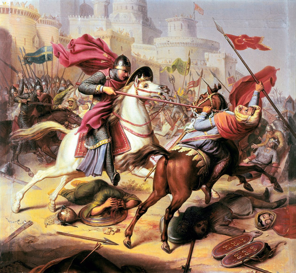első keresztes hadjárat: "II. Róbert Normandia hercege felhívta Robert Courthouse-t, aki egy muszlim katonával harcolt Antioche ostroma alatt 1098-1838-ban alkotó: Jean Joseph Dassy