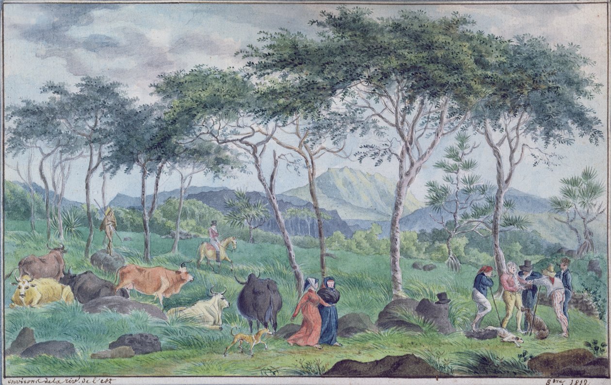 Szarvasmarhacsorda tehénpásztorokkal a folyó mellett, az Ile de la Reunion keleti részén, 1812. október 1812. alkotó: Jean Joseph Patu de Rosemont