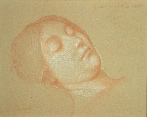 Tanulmány a Szűz haláláról (piros kréta, fehér színnel kiemelve a papíron) alkotó: Jean Jules Antoine Lecomte du Nouy