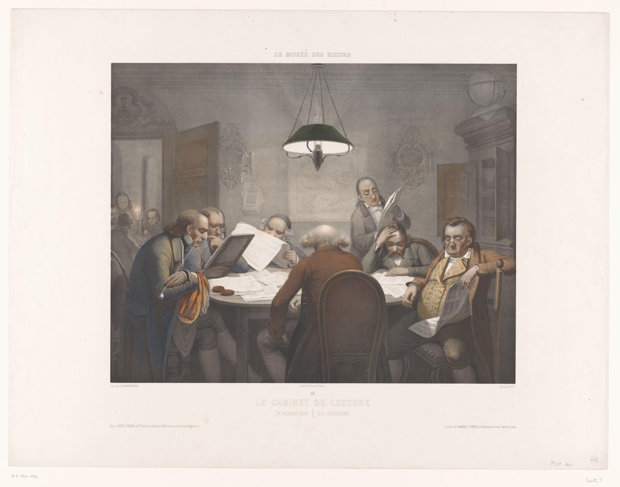 Olvasószekrény olvasó férfiakkal egy kerek asztalnál Le cabinet de előadás / The Reading Club / Das Lesecabinet (cím a tárgyon) Nevetők Múzeuma (sorozat címe) Le musée des rieurs (sorozat címe a tárgyon) alkotó: Jean Julien Jacott