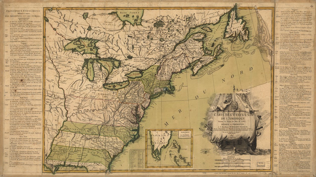 Az Amerikai Egyesült Államok térképe az 1783-as békeszerződést követően. alkotó: Jean Lattré