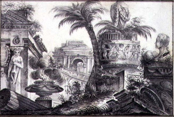 Architectural Fantasy, 1760 körül (szén és ceruza papíron) alkotó: Jean Laurent Legeay