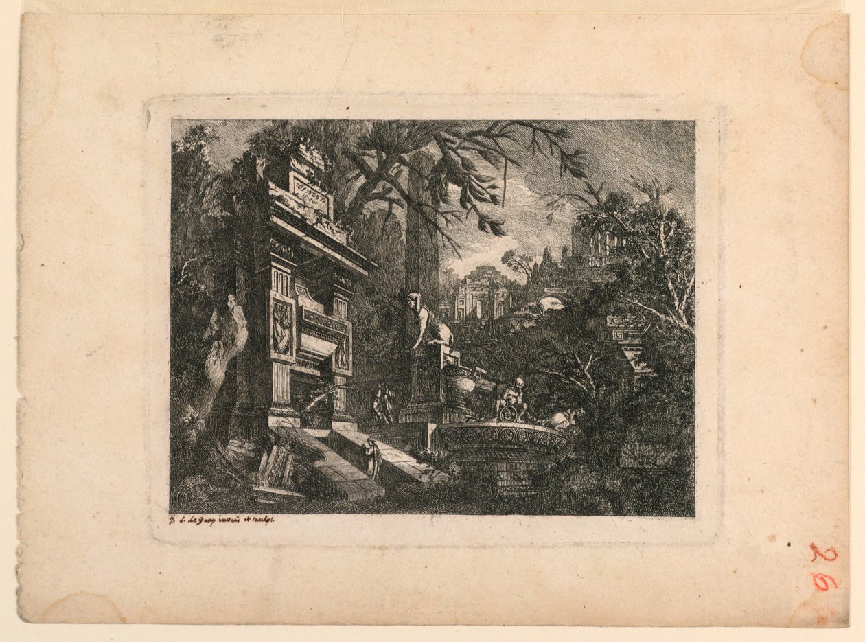 Építészeti fantázia sírral és romokkal, tányér a "Giovan Inventione romjaiból. Loren, Legeay Architet. Ő maga faragta Luce 1768-ban" alkotó: Jean Laurent Legeay