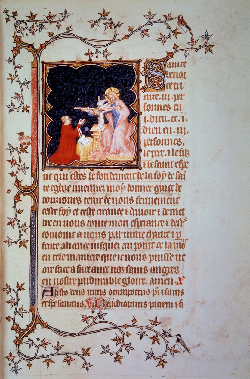 I. János Berry herceg (1340-1416) a Fekete János által megvilágított kéziratból (ms. lat. 18014) vett Szentháromság-miniatúra előtt, „Berry János kis órái”, 1375 körül. Paris, B.N. alkotó: Jean Le and workshop (attr. to) Noir