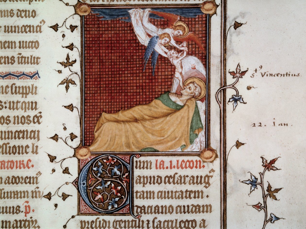 Zaragozai Szent Vince halála 304-ben Miniatűr a „Breviarium Parisiense” (Breviaire de Paris) néven ismert Breviaire de Charles V, illusztrálta Jean Le Noir (man. lat. 1052, fol. 326) alkotó: Jean Le and workshop (attr. to) Noir
