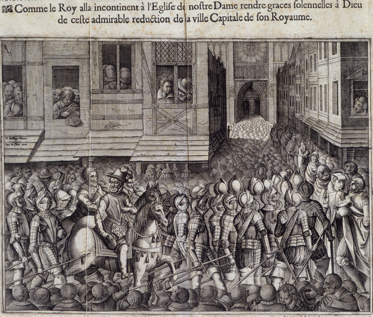 IV. Henrik (1553 - 1610) főbeszéde Párizsban 1594. március 22-én, és a Cathedrale de Notre Dame-ba megy misére – Jean Lecler metszetei Bollery után, Musee de Notre Dame de Paris alkotó: Jean Leclerc