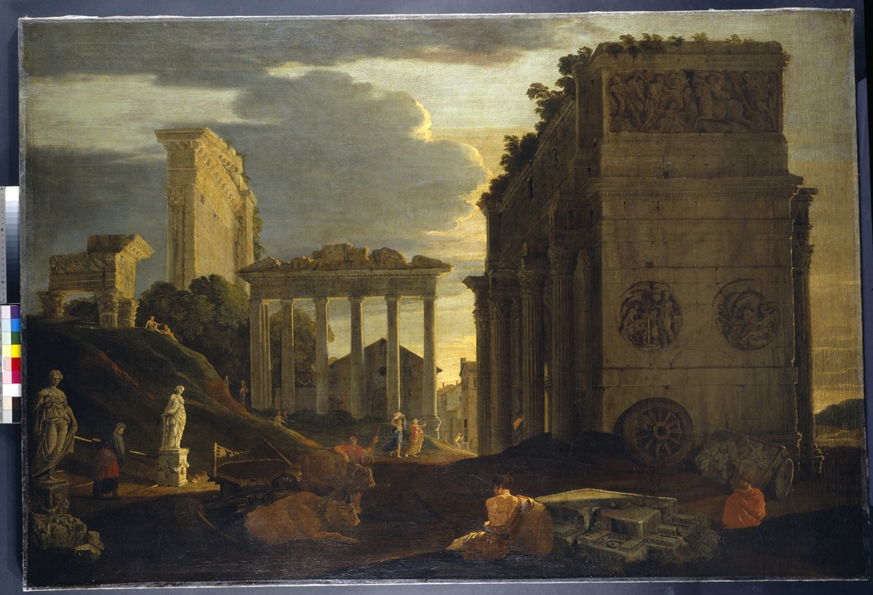 Capriccio-kép alakokkal a diadalív mellett, valamint a Szaturnusz és a Jupiter Tonans templomaival (olaj, vászon) alkotó: Jean Lemaire