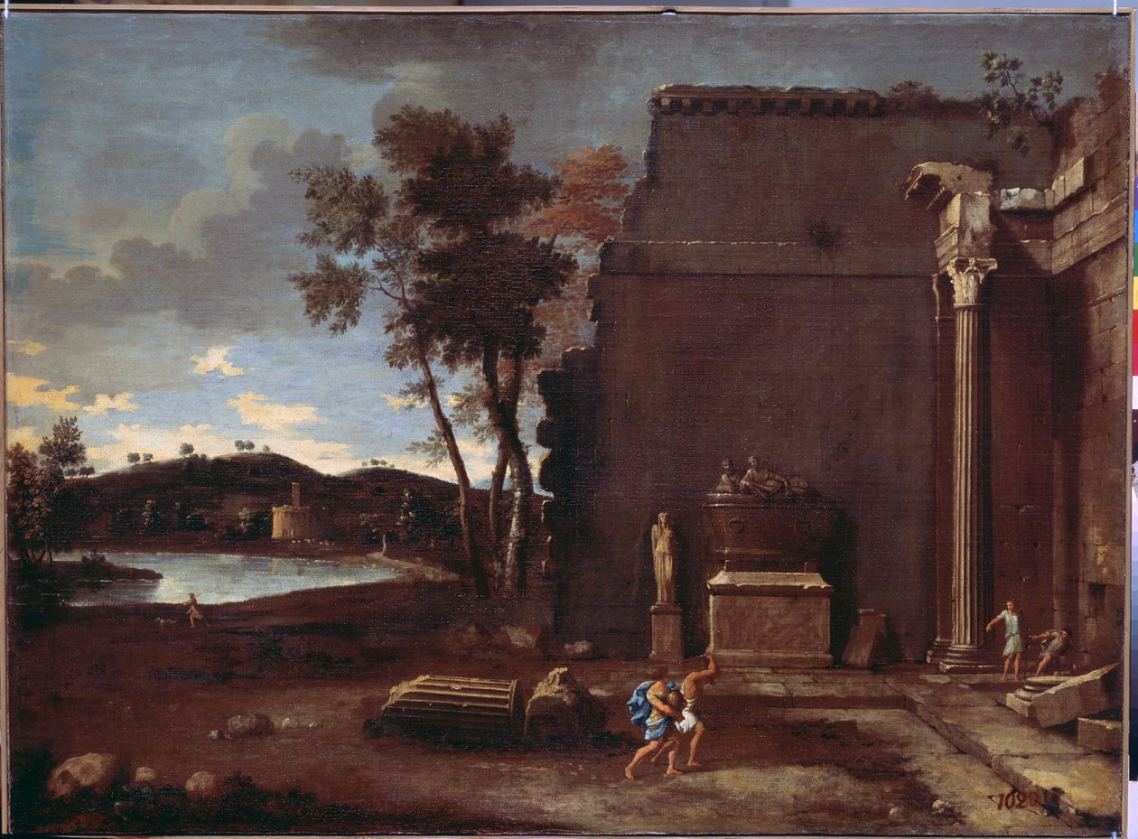 Táj egy szarkofággal. Jean Le Maire (1597-1659) festménye. Francia művészet, olaj, vászon. Ermitázs Múzeum, Szentpétervár alkotó: Jean Lemaire
