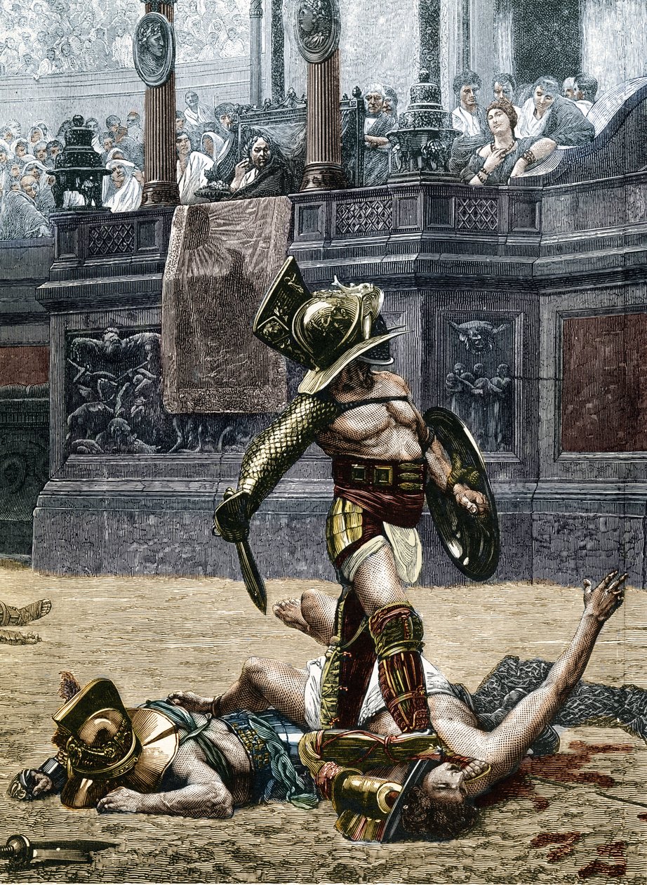 Gladiátorok a római arénában. A nézők figyelmeztetik a győztest, hogy ne kímélje ellenfelét, akit megvert, és ölje meg. Metszet Jean Leon (Jean-Leon) Gerome (1824-1904) festményének egy részlete után alkotó: Jean Leon (after) Gerome