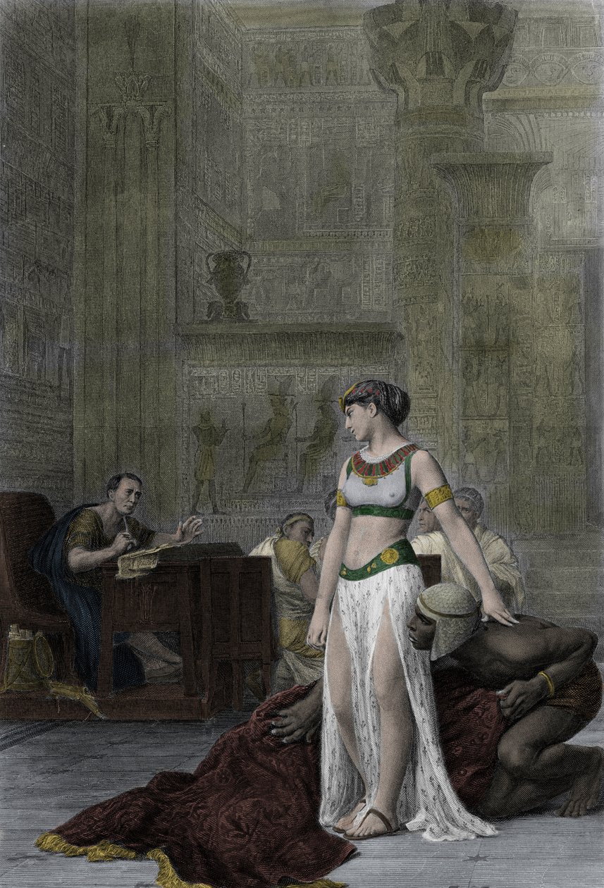 Egyiptom királynője Kleopátra VII. Thea Philopator (i. e. 69-30) és Jules Cesar (i. e. 100-44) – Kleopátra Julius Caesar előtt Shakespeare drámájában, az Antonius és Kleopátra, Jean Leon Gerome festménye után alkotó: Jean Leon (after) Gerome