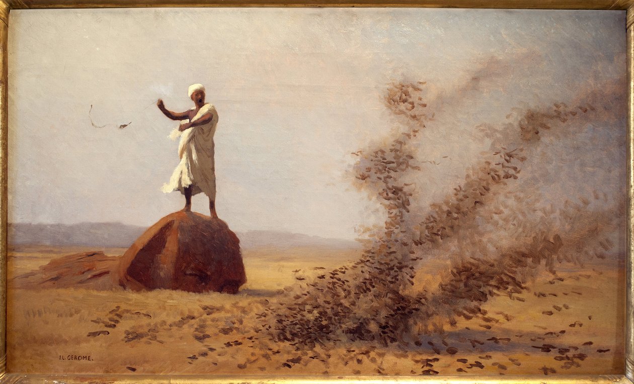Arab félelem a pacsirtáktól. (Befejezetlen táblázat). Jean Leon Gerome (1824-1904) festménye, olaj, vászon, 1900 körül. XX. század eleji francia művészet, orientalizmus. Vesoul Múzeum. alkotó: Jean Leon Gerome