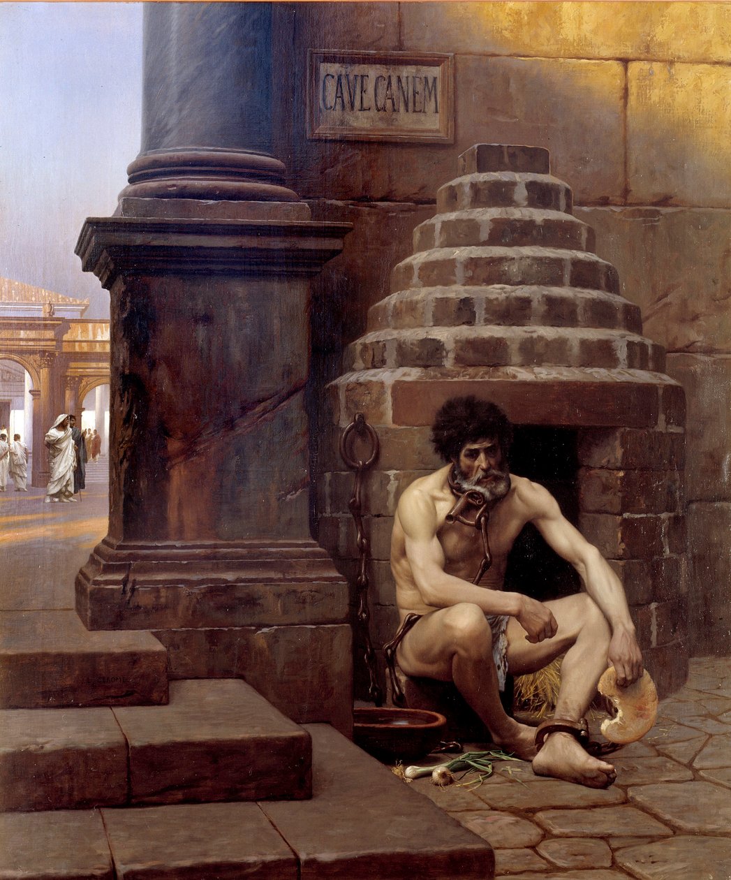 Cave canem Hadifogoly Rómában, lánc, mint egy kutya az utca sarkán „” Óvakodj a kutyától”””. Jean Leon Gerome (1824-1904) festménye 19. század V. 1,06x0,9 m Vesoul, Georges Garret múzeum - Canem-barlang; Egy hadifogoly Rómában, megláncolva, mint a alkotó: Jean Leon Gerome