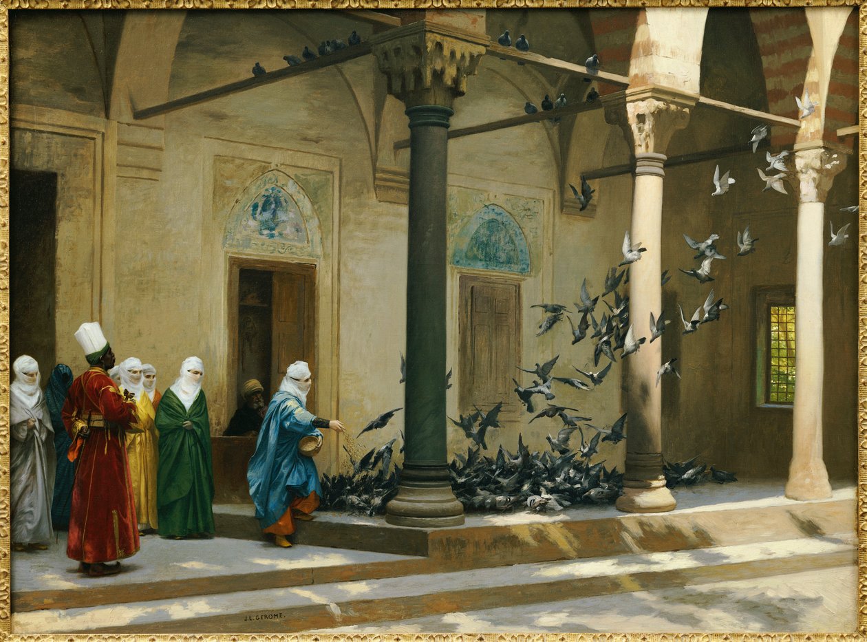 Hárem nők, akik galambokat etetnek az udvaron alkotó: Jean Leon Gerome
