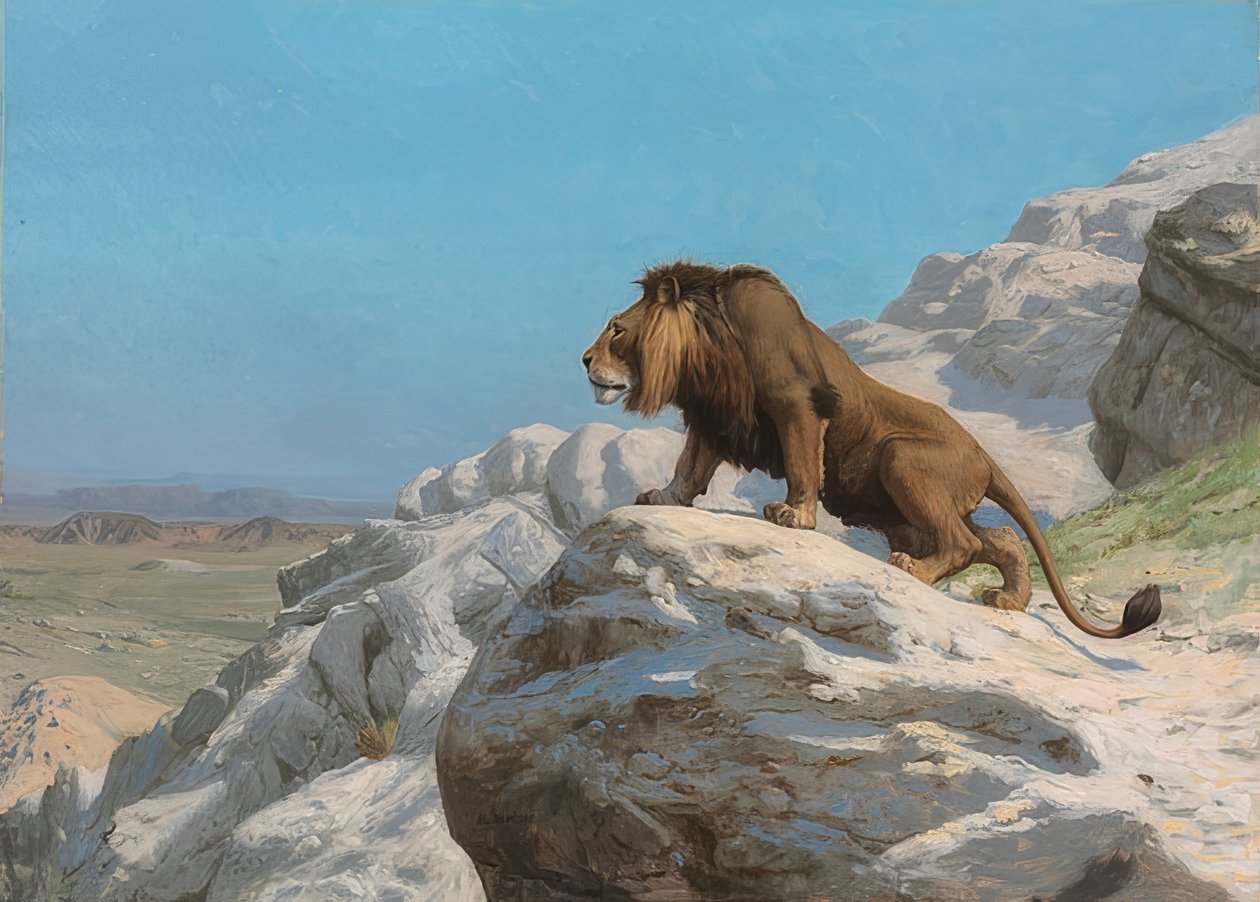 Leselkedő oroszlán. 1885 körül alkotó: Jean Leon Gerome