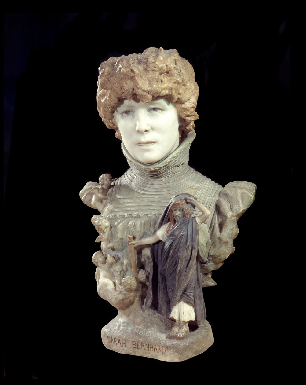 Henriette Rosine Bernard komikus Sarah Bernhardt (1844-1923) márvány mellszobra. Jean Leon (Jean-Leon) Gerome (1824-1904) szobra 1895 Párizs környékén, d