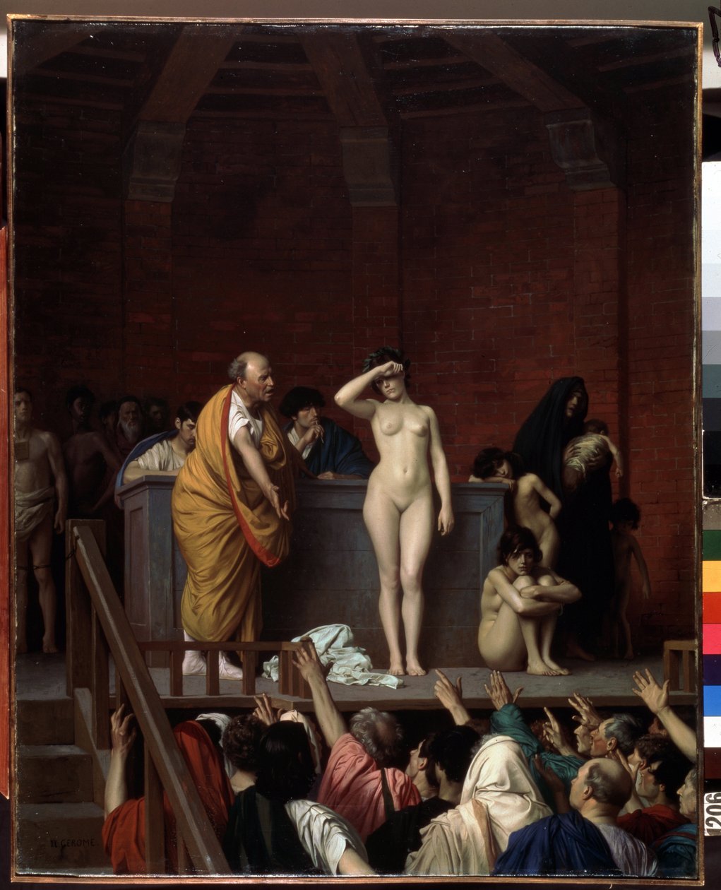 Az ókori Róma: "A rabszolgapiac Rómában" (The Slave Market in Rome) Egy emelvényen álló meztelen rabszolgát adnak el a vásárlók közönsége előtt, akik felemelik a karjukat, hogy árat adjanak. Jean Leon Gerome (1824-1904) festménye 1884 Méret: 92x74 cm Museu alkotó: Jean Leon Gerome