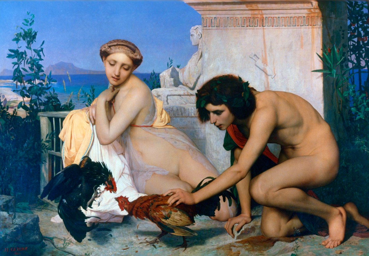 Fiatal görögök harcra buzdítják a kakasokat, 1846 alkotó: Jean Leon Gerome
