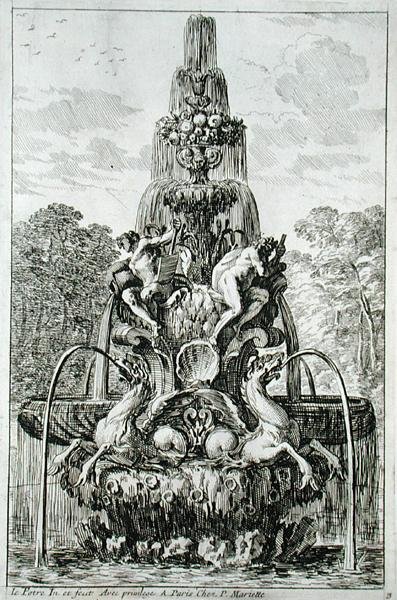 Egy szökőkút az 1661-ben kiadott "Szökőkutak és vízsugarak olasz stílusban" című műből (metszet). alkotó: Jean Lepautre