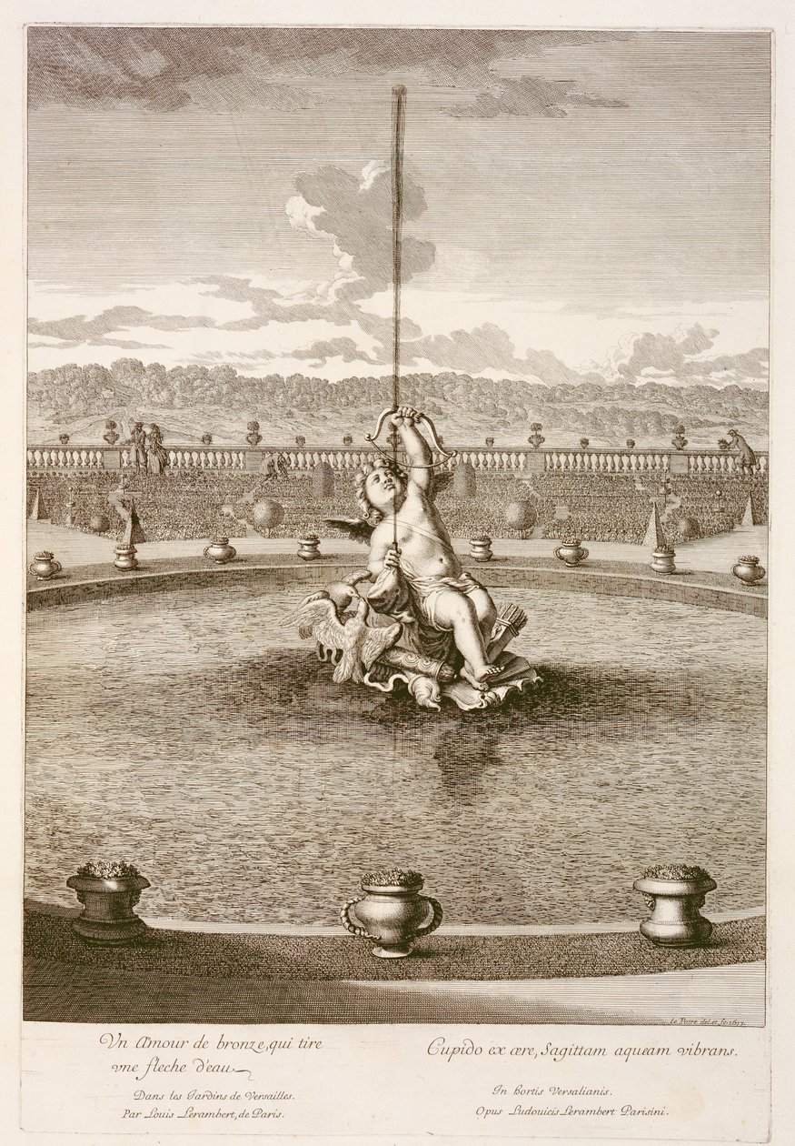 Louis Lerambert által tervezett szökőkút vízsugár nyílvesszővel, Versailles-ban, 1677 alkotó: Jean Lepautre