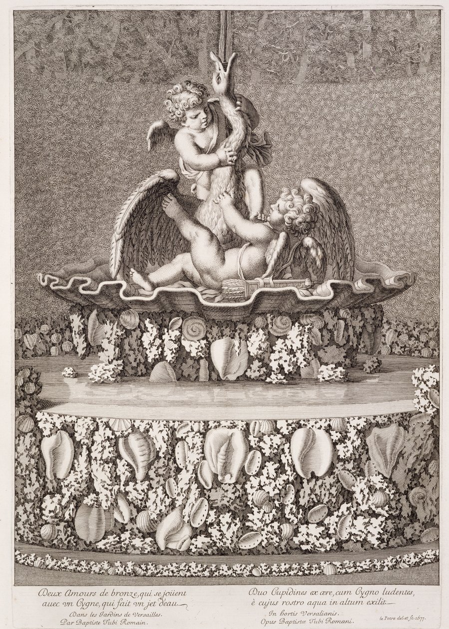 Jean-Baptiste Tuby által tervezett szökőkút két ámorral és egy hattyúval, Versailles-ban, 1677 alkotó: Jean Lepautre