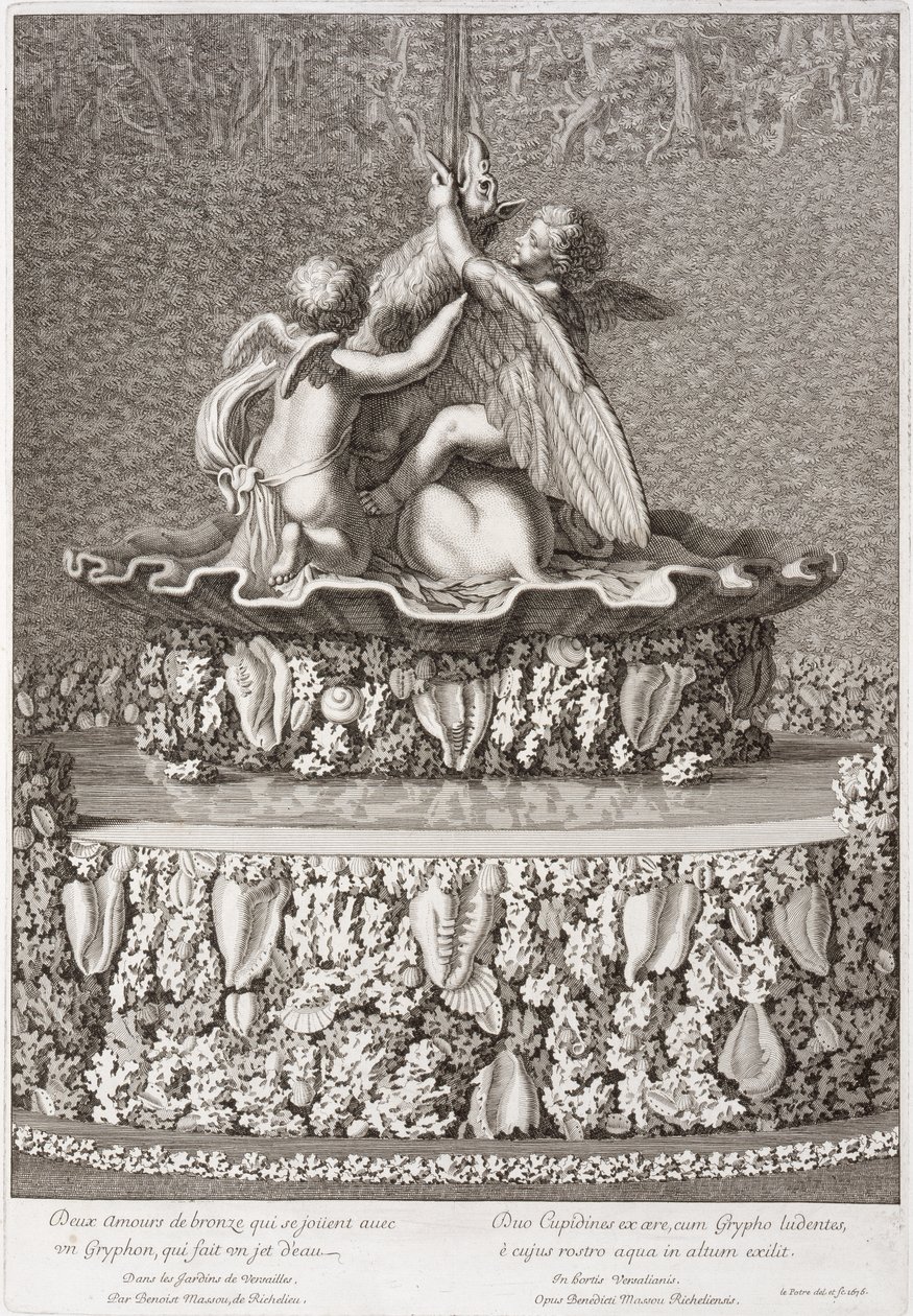 Szökőkút két ámorral, akik grifonnal játszanak, Benoit Massou, Versailles, 1676 alkotó: Jean Lepautre