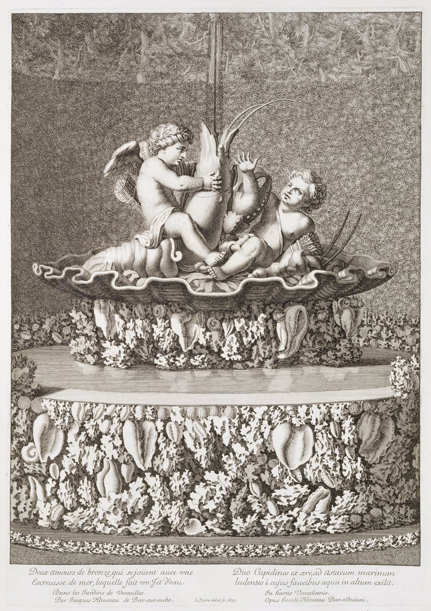 Jacques Houseau által tervezett szökőkút két rákon lovagló Ámorral, Versailles-ban, 1677 alkotó: Jean Lepautre