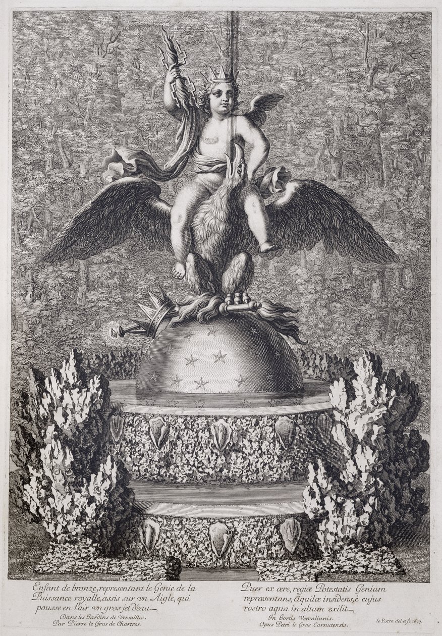 Szökőkutak gyermekkel, a királyi hatalom géniuszát jelképező Pierre le Gros, Versailles-ban, 1677 alkotó: Jean Lepautre