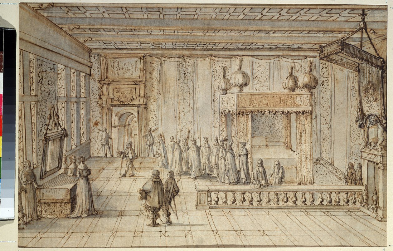XIV. Lajos király (1638-1715) hálószobája Versailles-ban. XIV. Lajos király kamrája Versailles-ban. Jean Le Pautre (1618-1682) rajza alkotó: Jean Lepautre