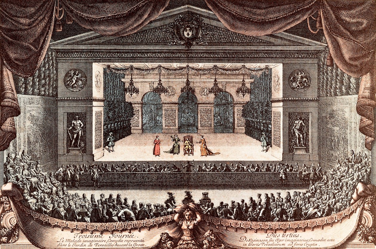 Jean Baptiste Poquelin dit Moliere Versailles-ban "A képzeletbeli rokkant" (színes metszet) alkotó: Jean Lepautre