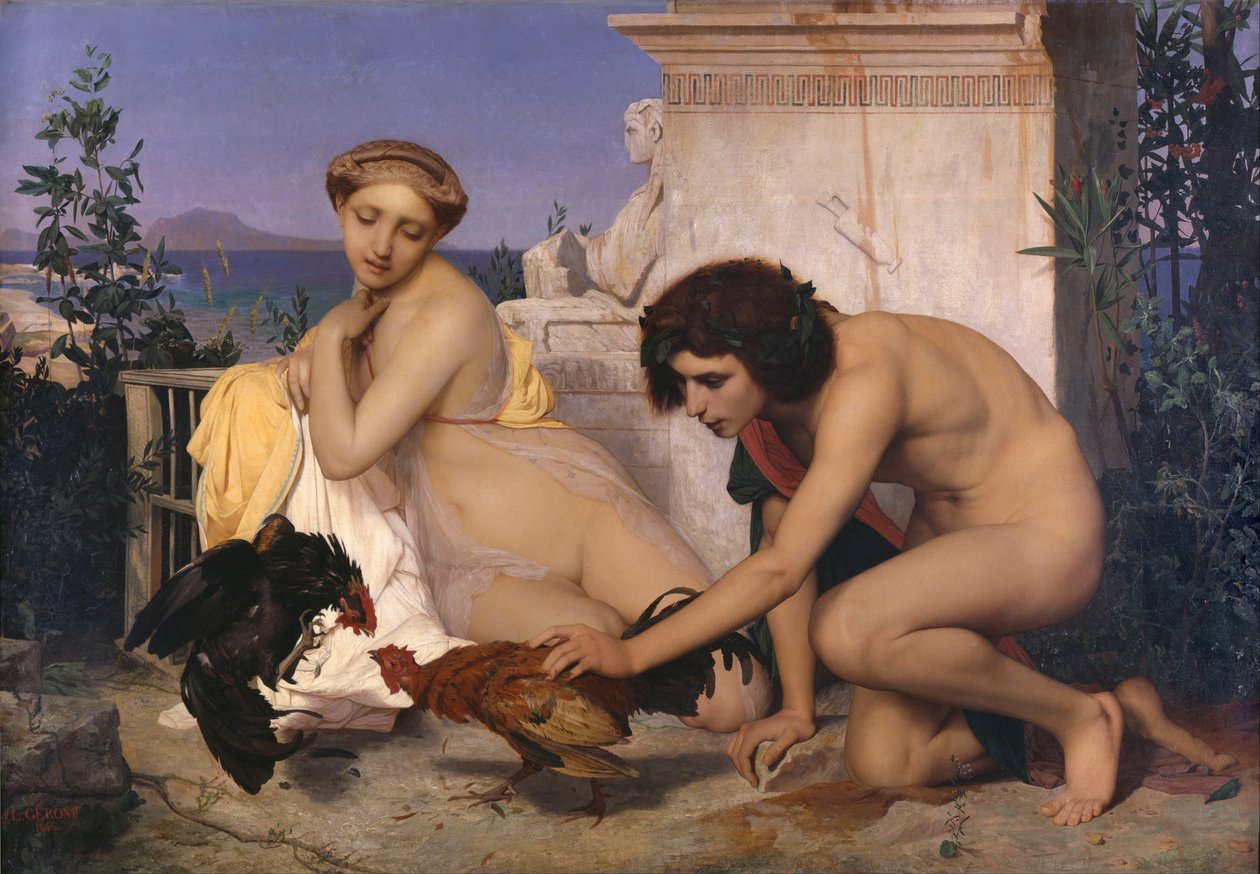 Kakasviadal, más néven Jeunes Grecs faisant battre des coqs (Fiatal görögök kakasokat vernek). alkotó: Jean Leon Gerome