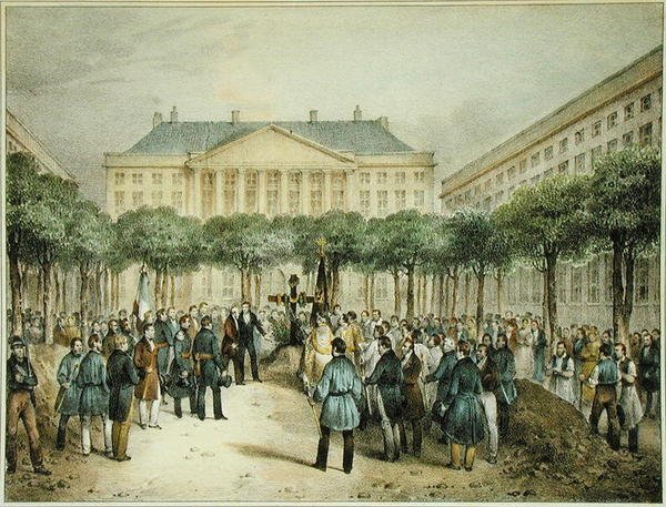 Forradalmárok temetése a Place des Martyres de la Liberte-ben, Brüsszelben, 1830. október 2-án, metszett A.M. Jobard (fl.1820-20) (színes litó) alkotó: Jean Louis (after) Van Hemelryck