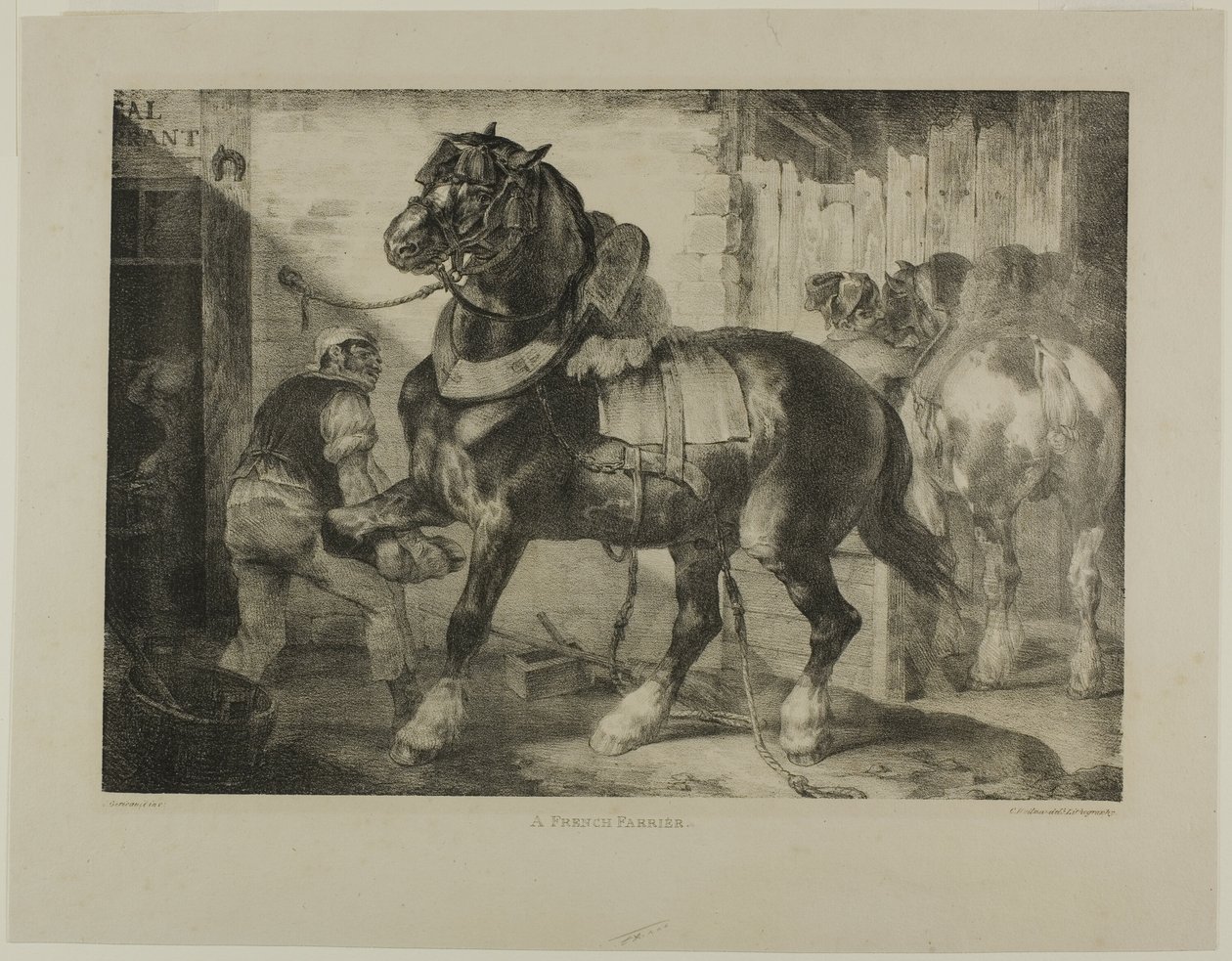 Egy francia kovácsműhely, 12. tányér a Különböző témák életből kőre rajzolt témákból alkotó: Jean Louis André Théodore Géricault