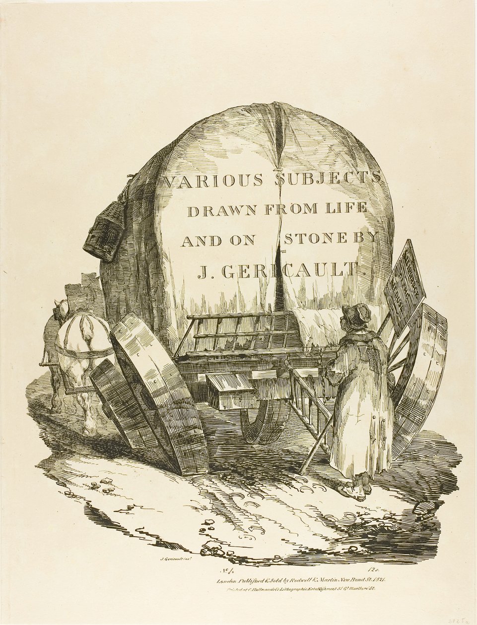 A Horse-Drawn Wagon, címlap különböző témákhoz, életből és kőből rajzolva (The English Suite) alkotó: Jean Louis André Théodore Géricault