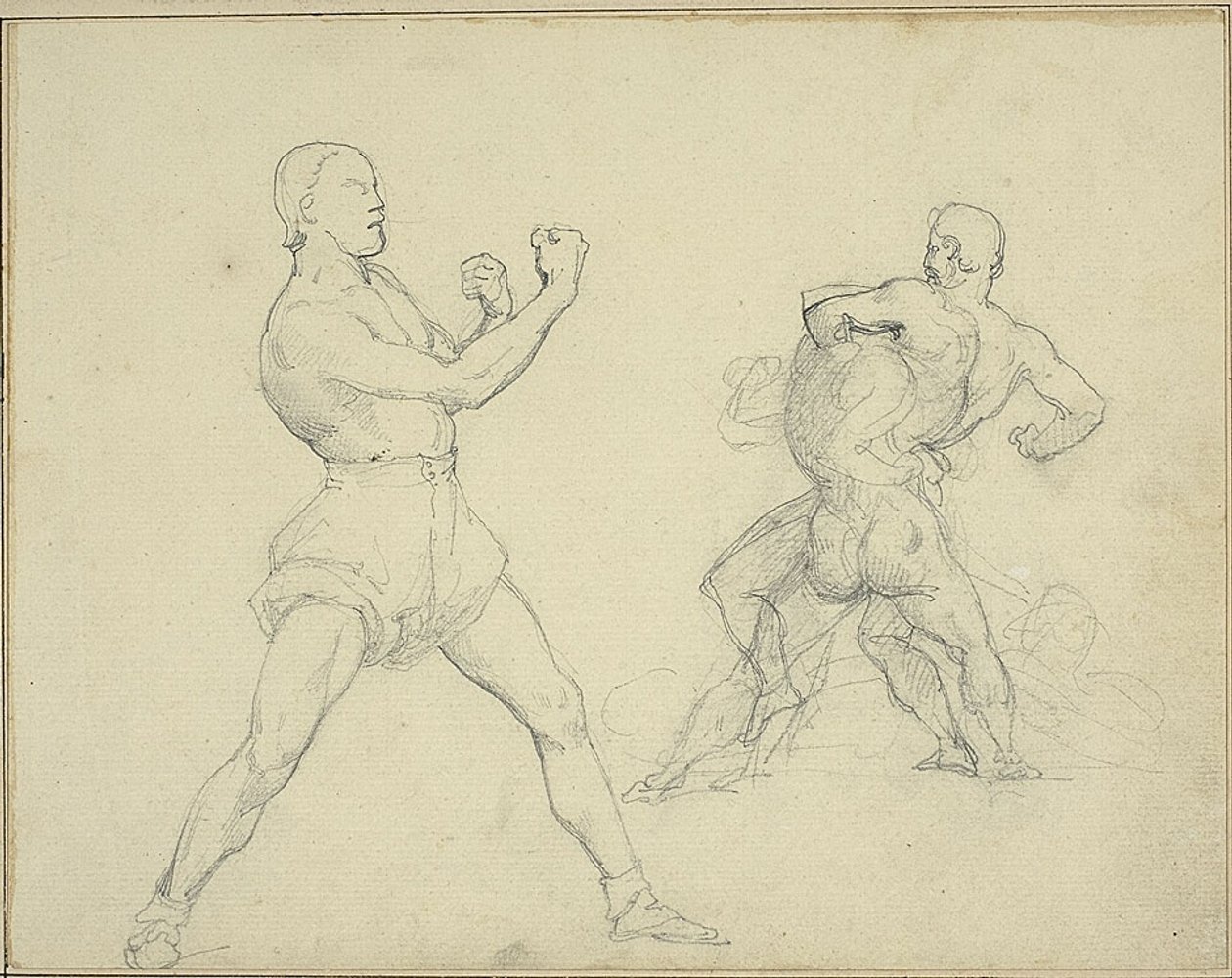Bokszoló jobbra néz és két férfi birkózik alkotó: Jean Louis André Théodore Géricault
