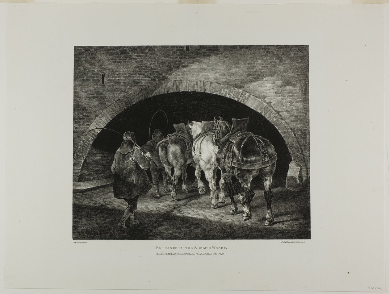 Az Adelphi Wharf bejárata, 11. tábla a Különböző témák életből és kőből rajzolva (The English Suite) című kötetből. alkotó: Jean Louis André Théodore Géricault