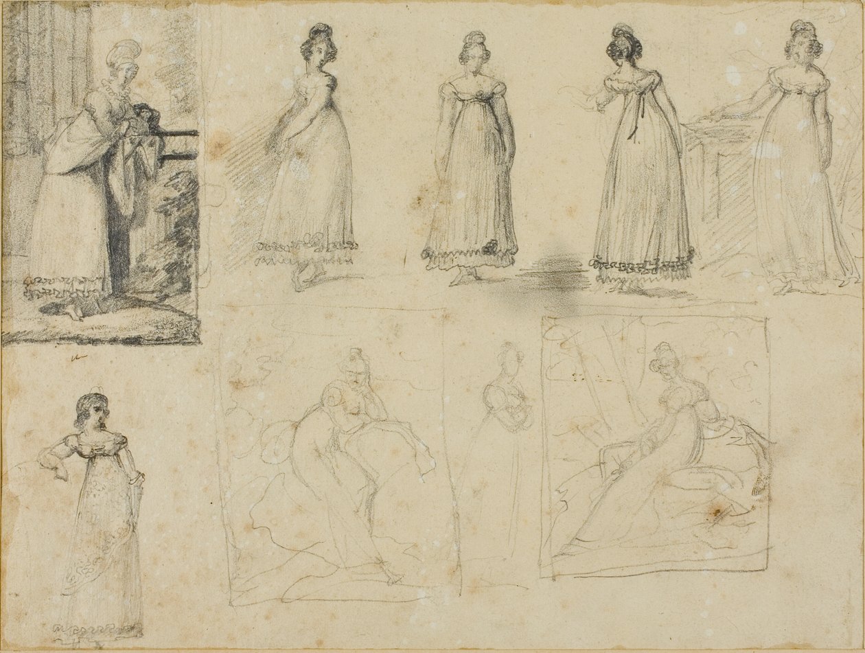 Kilenc vázlat egy fiatal nőről divatos ruhában alkotó: Jean Louis André Théodore Géricault
